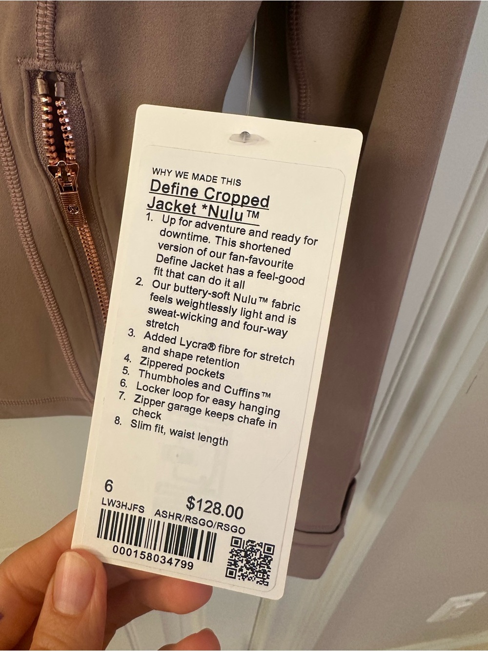 lululemon define cropped Jacket-Nulu-size 6-NWT-Tanish with rose gold zipper - Picture 3 of 5